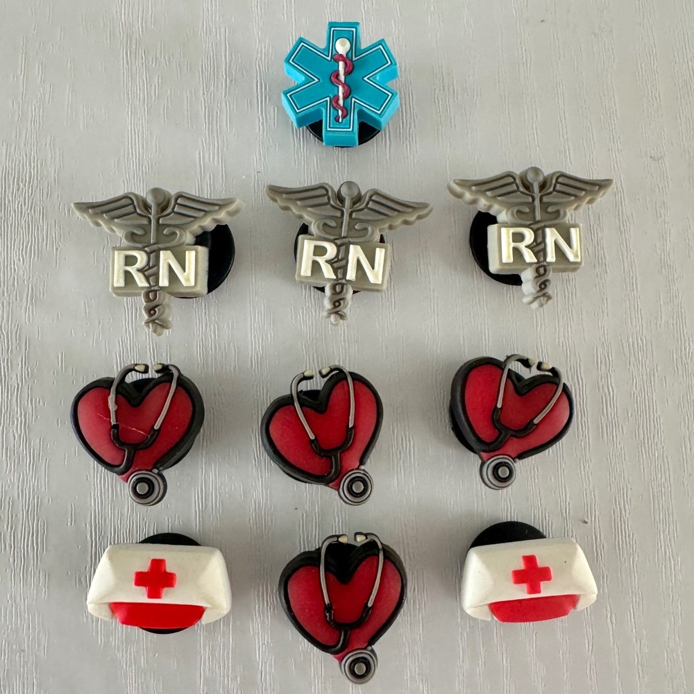 2006 Jibbitz Nurse Medical Shoe Croc Charms 10 pc Set RN Hat Heart Stethoscope